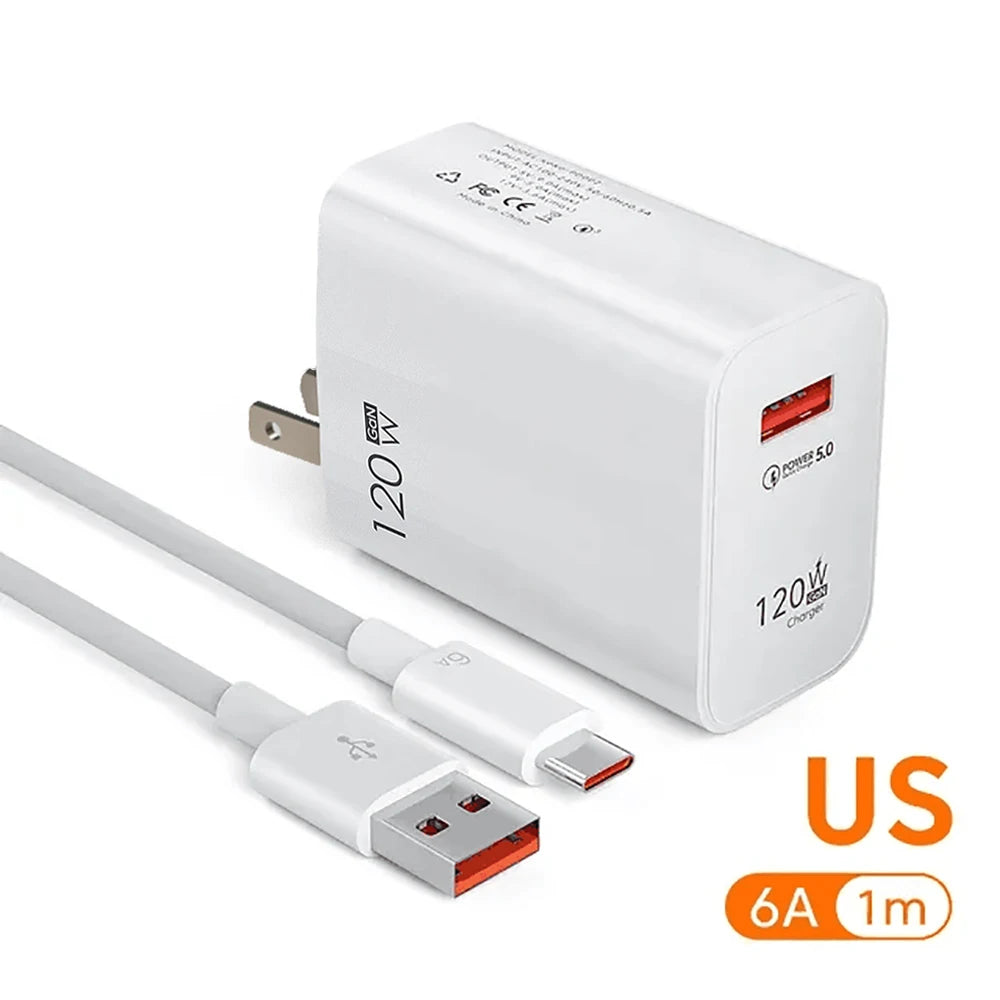 120W GaN USB Charger QC 3.0 EU/US Plug Phone Charger Adapter Type C Cable For iPhone Samsung Xiaomi Fast Charging Wall Charger